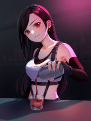 Rule 34 | 1girl, bar (place), bare shoulders, bartender, black bra, black gloves, black hair, black skirt, bra, breasts, cocktail, cocktail shaker, crop top, cup, drinking glass, earrings, elbow gloves, final fantasy, final fantasy vii, final fantasy vii remake, fingerless gloves, gloves, highres, indoors, jewelry, kamui (kamuikaoru), long hair, looking at viewer, medium breasts, midriff, parted lips, pouring, red eyes, seventh heaven, shirt, skirt, sleeveless, sleeveless shirt, smile, solo, sports bra, square enix, standing, suspenders, swept bangs, tifa lockhart, underwear, upper body, white shirt