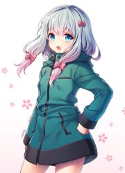 Rule 34 | 1girl, :o, arm at side, blue eyes, bow, commentary request, cowboy shot, eromanga sensei, floral background, gradient hair, green jacket, grey hair, hair bow, hand on own hip, hood, hood down, izumi sagiri, jacket, legs apart, long hair, long sleeves, looking at viewer, low-tied long hair, milcho, multicolored hair, open mouth, pink bow, pink hair, signature, simple background, solo, standing, white background