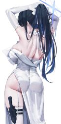 Rule 34 | 1girl, absurdres, adjusting hair, ass, bare shoulders, black hair, blue archive, blue hair, blue halo, breasts, closed eyes, colored inner hair, dress, elbow gloves, from behind, garter straps, gloves, gompang 11, hair ribbon, halo, highres, large breasts, long hair, multicolored hair, ponytail, ribbon, saori (blue archive), saori (dress) (blue archive), simple background, solo, thighhighs, two-tone hair, white background, white dress, white garter straps, white gloves, white ribbon, white thighhighs