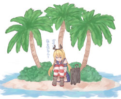 Rule 34 | 1girl, az toride, blonde hair, blue sailor collar, blue skirt, commentary request, elbow gloves, gloves, grey eyes, island, kantai collection, long hair, luggage, microskirt, miniskirt, palm tree, pleated skirt, rolling suitcase, sailor collar, shimakaze (kancolle), simple background, sitting, skirt, solo, striped clothes, striped thighhighs, suitcase, thighhighs, translation request, tree, white background, white gloves