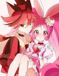 Rule 34 | 10s, 2girls, animal ears, blush, rabbit, cake hair ornament, carrying, choker, cure chocolat, cure whip, dog ears, dog tail, earrings, extra ears, food, food-themed hair ornament, food themed hair ornament, fruit, gloves, hair ornament, hat, jewelry, joman, kenjou akira, kirakira precure a la mode, long hair, looking at viewer, magical girl, multiple girls, pink choker, pink eyes, pink hair, pom pom (clothes), pom pom earrings, precure, princess carry, puffy sleeves, rabbit ears, red eyes, red hair, red theme, short hair, skirt, smile, strawberry, tail, twintails, usami ichika, white gloves, yuri