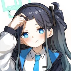Rule 34 | 1girl, 2ta2ta, absurdly long hair, aqua halo, aris (blue archive), black hair, black hairband, blue archive, blue necktie, blush, closed mouth, collared shirt, flying sweatdrops, green halo, hairband, halo, highres, jacket, long hair, long sleeves, looking at viewer, necktie, one side up, portrait, rectangular halo, ringed eyes, shirt, simple background, smile, solo, two-sided fabric, two-sided jacket, very long hair, white background, white jacket, white shirt