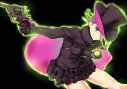 Rule 34 | 1girl, ange (princess principal), aura, black background, black gloves, black hat, blue eyes, braid, breasts, cape, cavorite ball, gloves, glowing, grey hair, gun, hair over one eye, handgun, hat, holding, holding gun, holding weapon, looking to the side, poco (backboa), princess principal, revolver, short hair, simple background, small breasts, solo, top hat, weapon