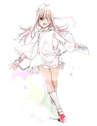 Rule 34 | 1girl, aka ume, bandages, blonde hair, blunt bangs, bracelet, dress, full body, hair over one eye, jewelry, legs, long hair, long sleeves, looking at viewer, original, outstretched arms, shoes, simple background, socks, solo, very long hair, white background, white dress, white socks