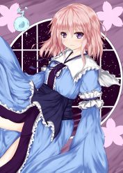 Rule 34 | 1girl, arm garter, blush, center frills, cherry blossoms, eyes visible through hair, frills, hair between eyes, hands in opposite sleeves, highres, hitodama, japanese clothes, kimono, looking at viewer, mikage000, mikagemaru (mikage000), no headwear, obi, pink hair, purple background, purple eyes, reclining, ribbon, saigyouji yuyuko, sash, short hair, sky, smile, solo, star (sky), starry sky, touhou, window
