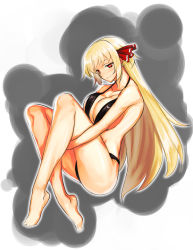Rule 34 | 1girl, barefoot, bikini, black bikini, blonde hair, blush, breasts, cleavage, closed mouth, collarbone, commentary request, full body, hair ribbon, halterneck, halterneck, jonylaser, large breasts, hugging own legs, long hair, looking at viewer, aged up, red eyes, red ribbon, ribbon, rumia, sideboob, smile, solo, swimsuit, touhou, very long hair