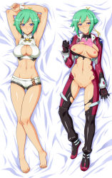 Rule 34 | 10s, 1girl, aquarion (series), aquarion evol, armpits, arms up, bare legs, bare shoulders, barefoot, blush, bodysuit, breasts, cleavage cutout, cleft of venus, clothing cutout, dakimakura (medium), denki showgun, female focus, full body, green hair, groin, legs, lying, midriff, multiple views, navel, purple eyes, pussy, short hair, short shorts, shorts, smile, tearing clothes, thigh gap, thighs, toes, torn bodysuit, torn clothes, uncensored, wrist cuffs, zessica wong