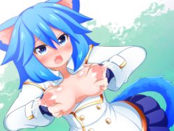 Rule 34 | 1girl, :o, animal ears, blue eyes, blue hair, blue skirt, blush, grabbing another&#039;s breast, breasts, breasts out, cat ears, cat girl, cat tail, character request, fang, grabbing, grabbing own breast, hair between eyes, hands on own chest, jacket, lactation, large breasts, looking at viewer, medium hair, milk, miniskirt, nipples, oborotsuki kakeru, open clothes, open jacket, open mouth, skirt, solo, sweat, tail, unbuttoned, unbuttoned shirt, white jacket