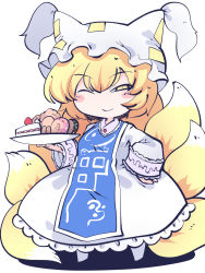 Rule 34 | 1girl, animal ears, animal hat, blonde hair, blush stickers, cake, chahan (fried rice0614), closed mouth, commission, doughnut, dress, food, fox ears, fox tail, hair between eyes, hat, highres, long sleeves, mob cap, multiple tails, one eye closed, short hair, simple background, skeb commission, smile, solo, tabard, tail, touhou, white background, white dress, white hat, wide sleeves, yakumo ran, yellow eyes