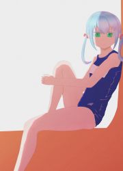 Rule 34 | 1girl, absurdres, backlighting, blue one-piece swimsuit, colored eyelashes, from side, highres, interlocked fingers, kneepits, one-piece swimsuit, own hands together, parted bangs, resolution mismatch, simple background, solo, source smaller, swimsuit, tagme, thighs, white background