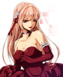 Rule 34 | 1girl, arm garter, bare shoulders, breasts, choker, cleavage, closed mouth, collarbone, dress, elbow gloves, fang, female focus, flower, formal, frills, gloves, hair flower, hair ornament, jyuru, large breasts, light brown hair, lips, lipstick, long hair, makeup, neck, original, red choker, red dress, red eyes, red gloves, red lips, simple background, smile, solo, strapless, strapless dress, upper body, vampire, white background, white flower