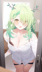 Rule 34 | !?, 1girl, alternate costume, antlers, bare shoulders, black bra, bra, bra visible through clothes, breasts, ceres fauna, cleavage, commentary, cowboy shot, deyui, english commentary, flower, green hair, hair branch, hair flower, hair ornament, highres, hololive, hololive english, horns, indoors, large breasts, looking at viewer, medium hair, mole, mole under eye, o-ring, o-ring thigh strap, off shoulder, open door, open mouth, opening door, shirt, skindentation, solo, sweat, teeth, thick thighs, thigh strap, thighs, underwear, upper teeth only, virtual youtuber, white shirt, yellow eyes