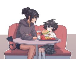 Rule 34 | 2girls, black-framed eyewear, blind, blind girl (popopoka), blush, burger, child, collared shirt, commentary, commission, couch, cup, demon tail, demon wings, disposable cup, drinking straw, drooling, english commentary, food, freckles, french fries, glasses, grey eyes, grey hoodie, grey skirt, height difference, highres, holding, holding food, hood, hoodie, long sleeves, looking at another, low wings, mcdonald&#039;s, medium hair, multiple girls, neck ribbon, open mouth, orange eyes, orange ribbon, original, ponytail, popopoka, ribbon, shirt, short shorts, shorts, sitting, skirt, smile, socks, tail, tray, white legwear, wide-eyed, wing collar, wings