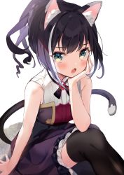 Rule 34 | 1girl, :o, animal ear fluff, animal ears, arm support, black dress, black hair, black thighhighs, blush, braid, cat ears, cat girl, cat tail, commentary, dress, fang, french braid, furrowed brow, green eyes, hair strand, hand on own cheek, hand on own face, highres, kanda done, karyl (princess connect!), knee up, long hair, looking at viewer, multicolored hair, open mouth, princess connect!, simple background, sitting, sleeveless, sleeveless dress, solo, streaked hair, tail, thighhighs, white background, white hair