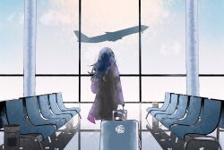 Rule 34 | 1girl, ado (utaite), aircraft, airplane, airport, black coat, blue hair, chair, chando (ado), cloud nine inc, coat, commentary request, from behind, highres, indoors, long hair, long sleeves, rolling suitcase, solo, suitcase, umeboshi (lbsmo8ue2qm2rhk), utaite, window