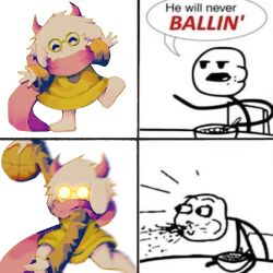 Rule 34 | 2boys, 4koma, ^ ^, alicezakat, animal ears, arm up, arms up, ball, barefoot, basketball, basketball (object), body fur, bowl, bulging eyes, cereal, cereal guy (meme), closed eyes, comic, covered mouth, deltarune, dress, eating, english text, eye pop, facing viewer, fangs, full body, furry, furry male, glasses, glowing, glowing eyes, goat boy, goat ears, green-framed eyewear, green dress, grey fur, half-closed eyes, happy, highres, holding, holding ball, horns, leg up, long sleeves, male focus, meme, motion blur, multiple boys, multiple views, opaque glasses, open mouth, outstretched arms, pince-nez, ralsei, red horns, red scarf, round eyewear, scarf, simple background, smile, speech bubble, spit take, spitting, spread arms, standing, standing on one leg, stick figure, straight-on, surprised, talking, white background