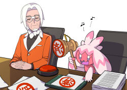 Rule 34 | 1boy, chair, chi inonaka, clavell (pokemon), closed eyes, closed mouth, collared shirt, commentary request, creatures (company), facial hair, game freak, glasses, goatee, hammer, highres, interlocked fingers, jacket, long sleeves, male focus, musical note, nintendo, orange jacket, own hands together, paper, pokemon, pokemon (creature), pokemon sv, round eyewear, shirt, table, tinkaton, white-framed eyewear, white background, white hair