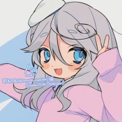 Rule 34 | 1girl, blue eyes, commission, commissioner name, cropped, grey hair, hair between eyes, hand up, highres, long hair, long sleeves, looking at viewer, mochi (na si), open mouth, original, pink sweater, skeb commission, sleeves past wrists, smile, solo, sweater, upper body, v, watermark, white beret