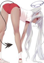 Rule 34 | 1girl, ass, bent over, black tail, blue archive, buruma, commentary request, dark-skinned female, dark skin, demon tail, from behind, grey hair, hair over one eye, halo, highres, iori (blue archive), pointy ears, purple halo, red buruma, red eyes, shirt, simple background, solo, tail, twintails, user cony, white background, white shirt