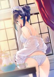 Rule 34 | 1girl, absurdres, ass, bare shoulders, black hair, blue eyes, blurry, blurry background, cup, hair bun, highres, indoors, looking at viewer, looking back, miwabe sakura, mouth hold, off shoulder, original, scan, shirt, single hair bun, solo, teacup, teapot, thighs, underwear, underwear only, white shirt