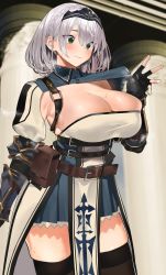 Rule 34 | 1girl, absurdres, armor, belt, belt pouch, black thighhighs, blush, breasts, brown belt, chest harness, cleavage, cleavage cutout, clothing cutout, collared dress, dress, green eyes, grey hair, harness, highres, hololive, jikatarou, large breasts, leather belt, mole, mole on breast, pauldrons, pelvic curtain, pouch, puffy sleeves, shirogane noel, shirogane noel (1st costume), short dress, short hair, shoulder armor, single pauldron, solo, thighhighs, virtual youtuber, waist cape