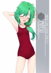 Rule 34 | 1girl, antenna hair, arms behind head, artist name, blush, character name, collarbone, cowboy shot, closed eyes, flat chest, green hair, hair over shoulder, highres, inaba shiki, kantai collection, long hair, looking at viewer, matsu (kancolle), new school swimsuit, one-piece swimsuit, open mouth, red one-piece swimsuit, school swimsuit, solo, standing, swimsuit