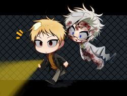 Rule 34 | 2boys, :3, atou haruki, black jacket, blonde hair, blood, blood in hair, blood on clothes, blood on face, blue eyes, brown sweater, chibi, chinese commentary, commentary request, ghost tail, glasses, green shirt, grey pants, grey pupils, highres, jacket, kanou aogu, lab coat, long sleeves, male focus, multiple boys, no nose, notice lines, open clothes, open jacket, open mouth, pants, parted lips, red eyes, ribbed sweater, round eyewear, saibou shinkyoku, shirt, short hair, sleeves past fingers, sleeves past wrists, sweater, walking, white hair, wide-eyed, wumingshi56626
