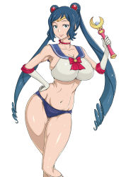 Rule 34 | 1girl, ao madoushi, bishoujo senshi sailor moon, bishoujo senshi sailor moon (first season), blue eyes, blue hair, blue sailor collar, bow, bra, breasts, cleavage, cosplay, double bun, drill hair, elbow gloves, gloves, gundam, gundam build fighters, hair bun, hand on own hip, highres, iori rinko, large breasts, long hair, maboroshi no ginzuishou, matching hair/eyes, mature female, mitsuishi kotono, moon stick, panties, red bow, sailor collar, sailor moon, sailor moon (cosplay), simple background, smile, solo, stomach, tiara, twin drills, twintails, underwear, underwear only, very long hair, voice actor connection, wand, white background, white gloves