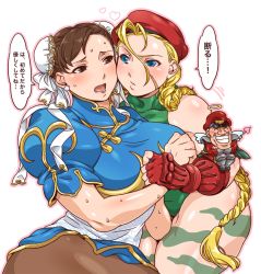 Rule 34 | 2girls, ahoge, antenna hair, bad id, bad pixiv id, bare shoulders, blonde hair, blue eyes, blush, braid, breasts, brown eyes, brown hair, bun cover, cameo, cammy white, camouflage, capcom, cheek-to-cheek, china dress, chinese clothes, chun-li, doboshiru, double bun, dress, earrings, fingerless gloves, gloves, hair bun, heads together, heart, holding another&#039;s wrist, huge ahoge, jewelry, large breasts, leotard, long hair, m. bison, mini person, miniboy, multiple girls, pantyhose, pelvic curtain, puffy short sleeves, puffy sleeves, sash, scar, short hair, short sleeves, street fighter, stud earrings, thick thighs, thighs, translation request, twin braids, you gonna get raped, yuri