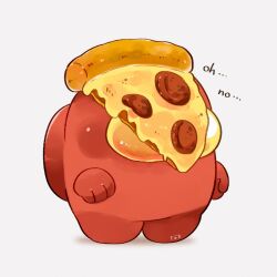 Rule 34 | among us, commentary, crewmate (among us), english commentary, english text, food, food on head, full body, highres, object on head, pepperoni, pizza, pizza slice, red (among us), signature, simple background, solo, standing, tenmiyakiyo, white background