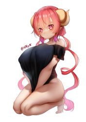 Rule 34 | 1girl, black shirt, bottomless, breasts squeezed together, breasts, covered erect nipples, gradient hair, highres, horns, huge breasts, ilulu (maidragon), kneeling, kobayashi-san chi no maidragon, long hair, looking at viewer, low twintails, multicolored hair, pink hair, pointy ears, red eyes, red hair, see-through silhouette, shirt, shirt tug, shortstack, simple background, solo, twintails, twitter username, white background, zasshu
