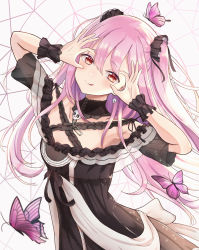 Rule 34 | 1girl, :q, bad id, bad pixiv id, black dress, breasts, bug, butterfly, dress, hair between eyes, hands on own face, hands up, highres, hololive, inaka 44, insect, lace, lace-trimmed dress, lace trim, long hair, looking at viewer, pink hair, purple butterfly, red eyes, short sleeves, small breasts, smile, solo, tongue, tongue out, two side up, uruha rushia, uruha rushia (3rd costume), virtual youtuber, wrist cuffs