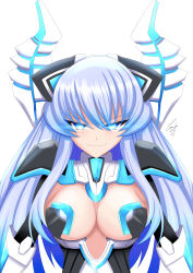 Rule 34 | 1girl, absurdres, bad id, bad pixiv id, breasts, cleavage, cundodeviant, glowing, glowing eyes, halterneck, highres, kami jigen game neptune v, kiseijou rei, kiseijou rei (goddess form), large breasts, long hair, looking at viewer, neon trim, neptune (series), simple background, solo, symbol-shaped pupils, white background