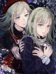 2girls bang_dream! bang_dream!_it&#039;s_mygo!!!!! beret black_capelet black_choker blue_dress broken_glass capelet chinese_commentary choker commentary_request dress dual_persona earrings frilled_choker frills glass green_hair hand_on_another&#039;s_cheek hand_on_another&#039;s_face hand_on_another&#039;s_shoulder hat highres jewelry linden_bd long_hair long_sleeves mortis_(bang_dream!) multiple_girls open_mouth parted_lips plaid_clothes plaid_dress red_hat red_shorts revision see-through_clothes see-through_sleeves shirt shorts wakaba_mutsumi white_shirt yellow_eyes