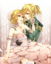 Rule 34 | 1boy, 1girl, absurdres, aqua eyes, bad id, bad pixiv id, bare shoulders, blonde hair, breasts, brother and sister, butterfly tattoo, cleavage, dress, eye contact, finger to mouth, gem, gloves, hair ornament, hair ribbon, hairclip, haitoku no hana (vocaloid), hetero, highres, hug, incest, jewelry, kagamine len, kagamine rin, looking at another, military, military uniform, nail polish, parted lips, pearl (gemstone), pink dress, ponytail, ribbon, rico (fbn3), short hair, siblings, skirt, tattoo, thighhighs, twincest, twins, uniform, vocaloid, white thighhighs