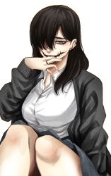 Rule 34 | 1girl, black hair, black jacket, blue skirt, breasts, collared shirt, ear piercing, earrings, eyeshadow, fingernails, glasgow smile, grey eyes, hair over one eye, hand up, highres, hoshi san 3, jacket, jewelry, kuchisake-onna, large breasts, long hair, long sleeves, looking at viewer, makeup, miniskirt, mole, mole under eye, mole under mouth, multiple rings, one eye covered, open clothes, open jacket, original, piercing, pleated skirt, ring, school uniform, shirt, simple background, sitting, skirt, solo, white background, white shirt, wing collar