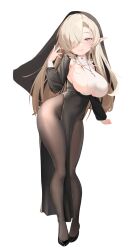 Rule 34 | 1girl, absurdres, black footwear, black veil, blonde hair, blue eyes, breasts, chocpocalypse, detached collar, detached sleeves, dress, elf, full body, hair over one eye, highres, jewelry, large breasts, looking at viewer, necklace, nun, original, pantyhose, pelvic curtain, pointy ears, sideboob, simple background, solo, veil, white background