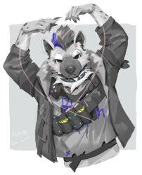Rule 34 | 1boy, absurdres, anger vein, arknights, artist name, artmichinglion, blush, claws, dated, ear piercing, eyebrow piercing, furry, furry male, grey jacket, grey shirt, heart, heart arms, highres, hood, hooded jacket, hyena boy, hyena ears, infection monitor (arknights), jacket, looking at viewer, male focus, multicolored hair, piercing, shirt, spot (arknights), streaked hair, upper body