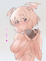 Rule 34 | 1girl, ariel (kagemusha), bat wings, blue eyes, blush, breasts, commentary, grey background, hair between eyes, head wings, heart, heart-shaped pupils, highres, kagemusha, large breasts, looking at viewer, mole, mole under eye, monochrome, original, short hair, simple background, sketch, smile, solo, spot color, symbol-shaped pupils, translated, upper body, valentine, wings