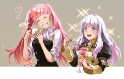 Rule 34 | 2girls, blunt bangs, blush, closed eyes, cup, eating, female focus, fire emblem, fire emblem: three houses, food, garreg mach monastery uniform, grey background, grin, heart, hilda valentine goneril, holding, holding cup, holding spoon, ice cream, long hair, long sleeves, lysithea von ordelia, multiple girls, nintendo, open mouth, pink eyes, pink hair, shiroi (shiroicbe), short sleeves, simple background, sleeves rolled up, smile, sparkle, spoon, teacup, twintails, uniform, upper body, white hair