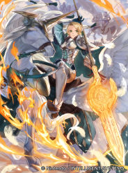 Rule 34 | 1girl, armor, blonde hair, boobplate, breastplate, cape, closed mouth, company name, copyright name, crests (fire emblem), feathers, fire emblem, fire emblem: three houses, fire emblem cipher, gloves, green cape, green eyes, heroes relic (fire emblem), holding, ingrid brandl galatea, luin (weapon), mayo (becky2006), nintendo, official art, pegasus, pegasus knight uniform (fire emblem), polearm, riding, solo focus, weapon