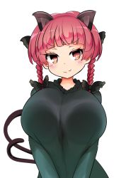 Rule 34 | 1girl, :3, adda, animal ears, black bow, blunt bangs, blush, bow, braid, breasts, cat ears, cat tail, closed mouth, dress, extra ears, frills, green dress, hair bow, hair ribbon, head tilt, huge breasts, kaenbyou rin, long hair, long sleeves, looking at viewer, multiple tails, nekomata, oppai loli, red eyes, red hair, ribbon, simple background, smile, solo, tail, touhou, tress ribbon, twin braids, twintails, two tails, upper body, v-shaped eyebrows, v arms, white background