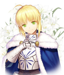 Rule 34 | 1girl, ahoge, armor, armored dress, artoria pendragon (fate), blue cape, braid, breastplate, cape, corset, easter lily, fate/stay night, fate (series), flower, fur trim, gauntlets, gorget, green eyes, head tilt, lily (flower), looking at viewer, saber (fate), smile, solo, vmax-ver