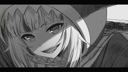 Rule 34 | 1girl, animal hood, blunt bangs, gawr gura, gawr gura (1st costume), greyscale, highres, hololive, hololive english, hood, letterboxed, monochrome, open mouth, polearm, portrait, shaded face, shark hood, sharp teeth, smile, solo, teeth, virtual youtuber, weapon, weizen
