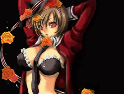 Rule 34 | 1girl, arms up, bra, breasts, brown hair, flower, hair flower, hair ornament, hat, hekisei ginshi, highres, jacket, lace, lace-trimmed bra, lace trim, large breasts, lingerie, meiko (vocaloid), necktie, orange flower, orange rose, red eyes, red flower, red rose, rose, short hair, simple background, solo, underwear, vocaloid