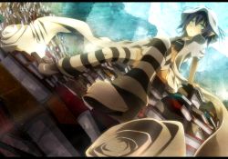 Rule 34 | 1girl, black hair, book, book stack, dennryuurai, dutch angle, facial mark, green eyes, hat, highres, letterboxed, merry nightmare, midriff, open mouth, pointy ears, ribbon, shoes, short hair, sitting, skirt, solo, striped clothes, striped thighhighs, thighhighs, yumekui merry