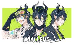 Rule 34 | 1boy, black gloves, black hair, closed eyes, closed mouth, garrison cap, gloves, goggles, green eyes, hair between eyes, hat, highres, horns, jacket, ko-man, lab coat, long hair, looking at viewer, male focus, malleus draconia, necktie, open clothes, open mouth, paint splatter, pointy ears, smile, solo, twisted wonderland