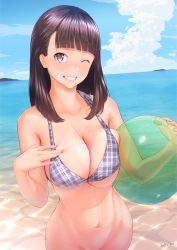 Rule 34 | 1girl, ball, beach, beachball, bikini, bikini top only, blunt bangs, bottomless, breasts, cleavage, cloud, cloudy sky, commentary request, day, grin, holding, holding ball, large breasts, long hair, looking at viewer, mountainous horizon, nanahime, navel, ocean, one eye closed, original, outdoors, purple eyes, purple hair, shallow water, sky, smile, solo, standing, swimsuit, underboob, water