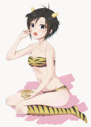 Rule 34 | 1girl, animal print, antenna hair, bandeau, bare shoulders, beans, bikini, black eyes, black hair, black hairband, breasts, collarbone, commentary, cosplay, cup, eating, food, full body, hairband, highres, holding, holding cup, holding food, horns, idolmaster, idolmaster (classic), idolmaster 2, kikuchi makoto, kneehighs, looking at viewer, lum, lum (cosplay), midriff, mogskg, navel, open mouth, pink background, short hair, sitting, small breasts, socks, solo, strapless, strapless bikini, swimsuit, tiger print, two side up, very short hair, wariza, white background, yellow bikini, yellow socks