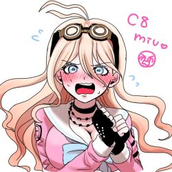 Rule 34 | 1girl, antenna hair, barbed wire, black choker, black gloves, blonde hair, blush, bow, bowtie, breasts, choker, cleavage, d:, danganronpa (series), danganronpa v3: killing harmony, fingerless gloves, gloves, goggles, goggles on head, green eyes, hair between eyes, hands up, iruma miu, large breasts, long hair, mozuku (iiiiiiimomo), open mouth, own hands together, pink shirt, shirt, solo, teeth, upper teeth only, white background